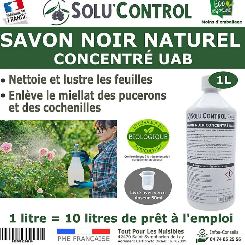 Tout Pour Les Nuisibles SOLU'CONTROL - Savon Noir Naturel Concentré, 1L, Nettoyant, enlève le miellat et les pucerons