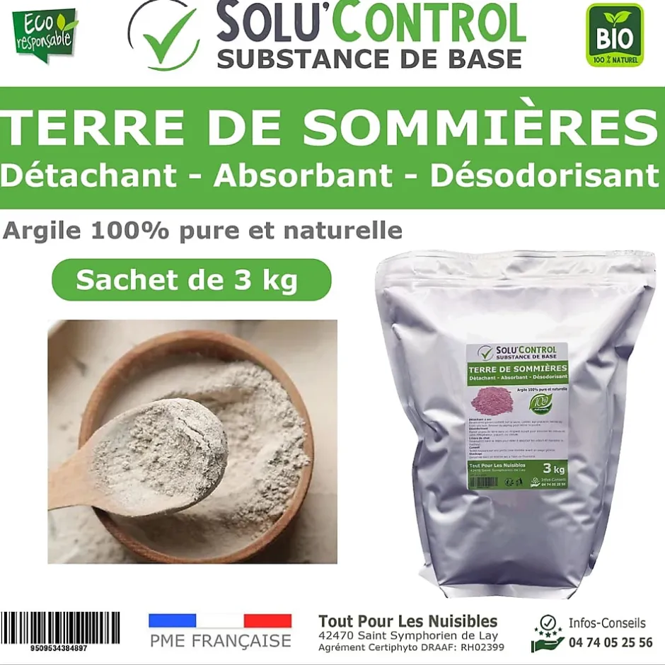 Tout Pour Les Nuisibles SOLU'CONTROL - Terre de Sommières 3 kg - Détachant Naturel et Absorbant - Élimine les Odeurs d'Urine, Litière de Chat, Tapis