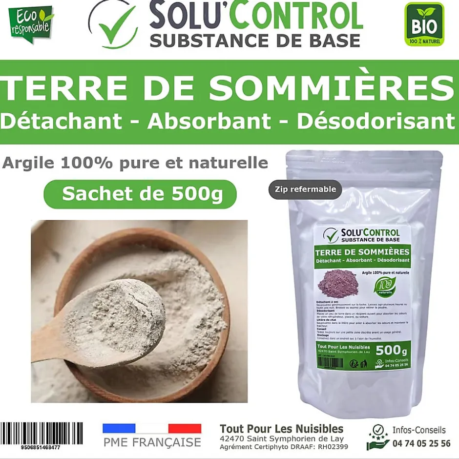 Tout Pour Les Nuisibles SOLU'CONTROL - Terre de Sommières 500 g - Détachant Naturel et Absorbant - Élimine les Odeurs d'Urine, Litière de Chat, Tapis