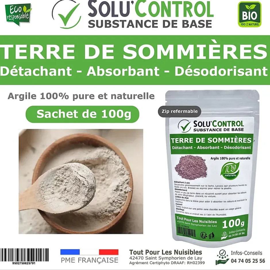 Tout Pour Les Nuisibles SOLU'CONTROL - Terre de Sommières 100g - Détachant Naturel et Absorbant - Élimine les Odeurs d'Urine, Litière de Chat, Tapis Clearance