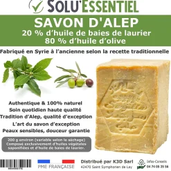 Tout Pour Les Nuisibles SoluEssentiel - Savon Alep 20% huile de baies de laurier 80% huile d'olive - Fabrication traditionnelle syrienne - Naturel