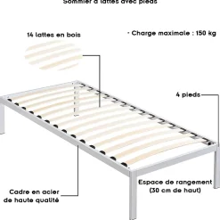 Monmobilierdesign Sommier à Lattes Avec Pieds En Acier Robuste 90x200 Cm Blanc Sale