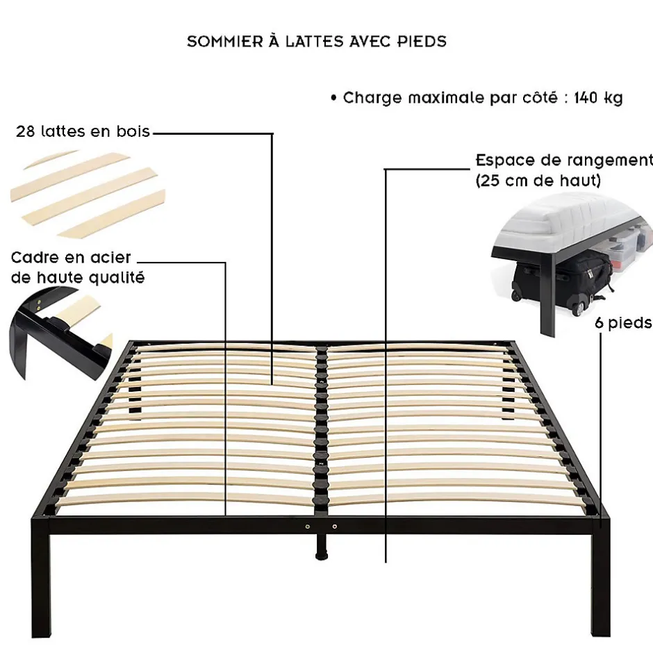Monmobilierdesign Sommier à Lattes Avec Pieds En Acier Robuste 160x200 Cm Noir
