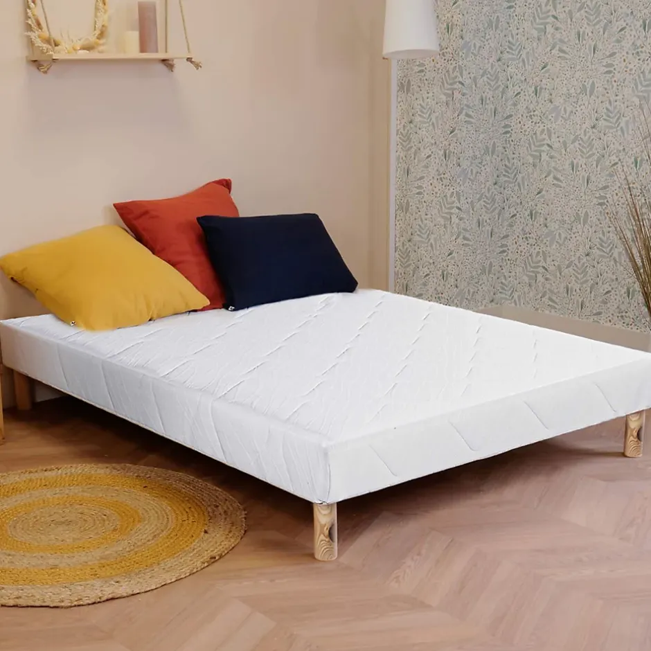 Juanio Sommier à lattes avec pieds KEY, tapissier en bois massif couleur blanc - longueur 190 x largeur 140 cm Discount