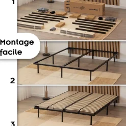 Monmobilierdesign Sommier à Lattes En Acier Avec Bande Stabilisatrice Noir 140x200 Cm Avec Pieds