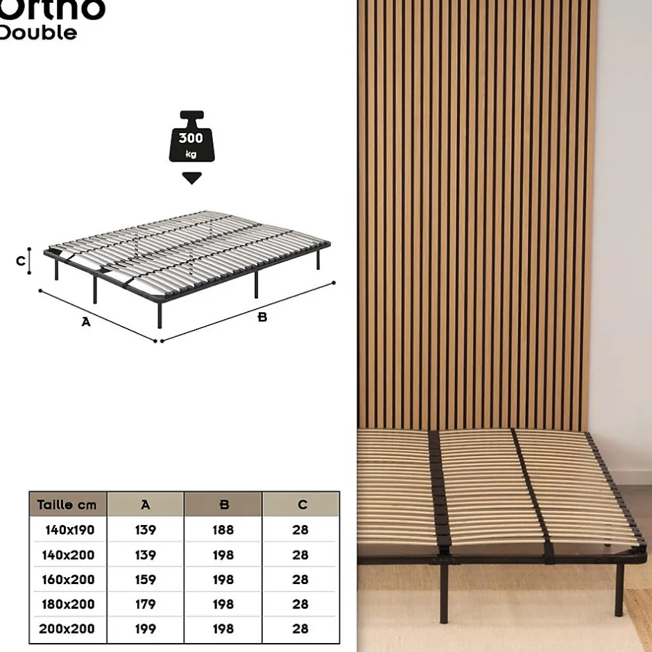 Monmobilierdesign Sommier à Lattes En Acier Avec Bande Stabilisatrice Noir 140x200 Cm Avec Pieds