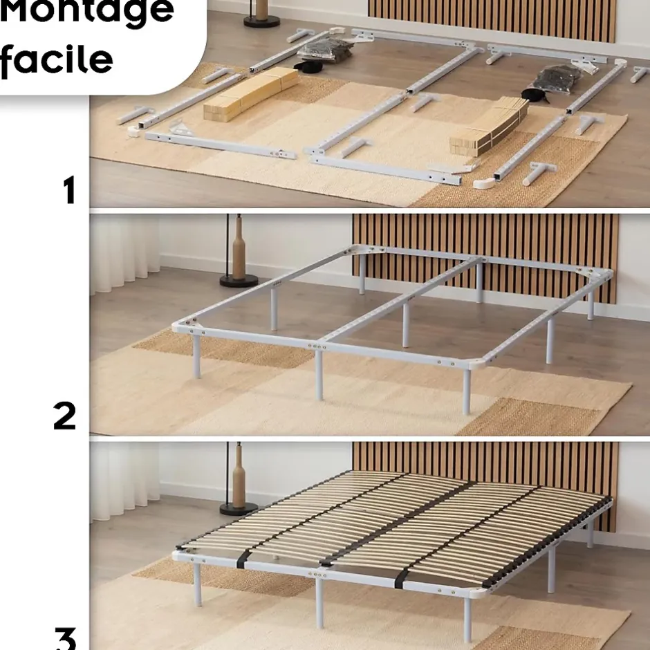 Monmobilierdesign Sommier à Lattes En Acier Avec Bande Stabilisatrice Blanc 180x200 Cm Avec Pieds Discount