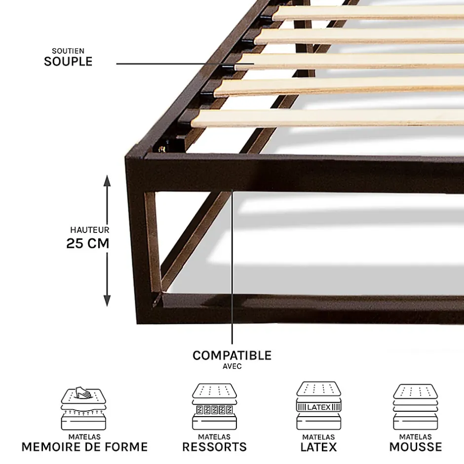 Olympe Literie Sommier à lattes en métal Leonidas 140x190 cm Coloris Noir Livré en kit Best