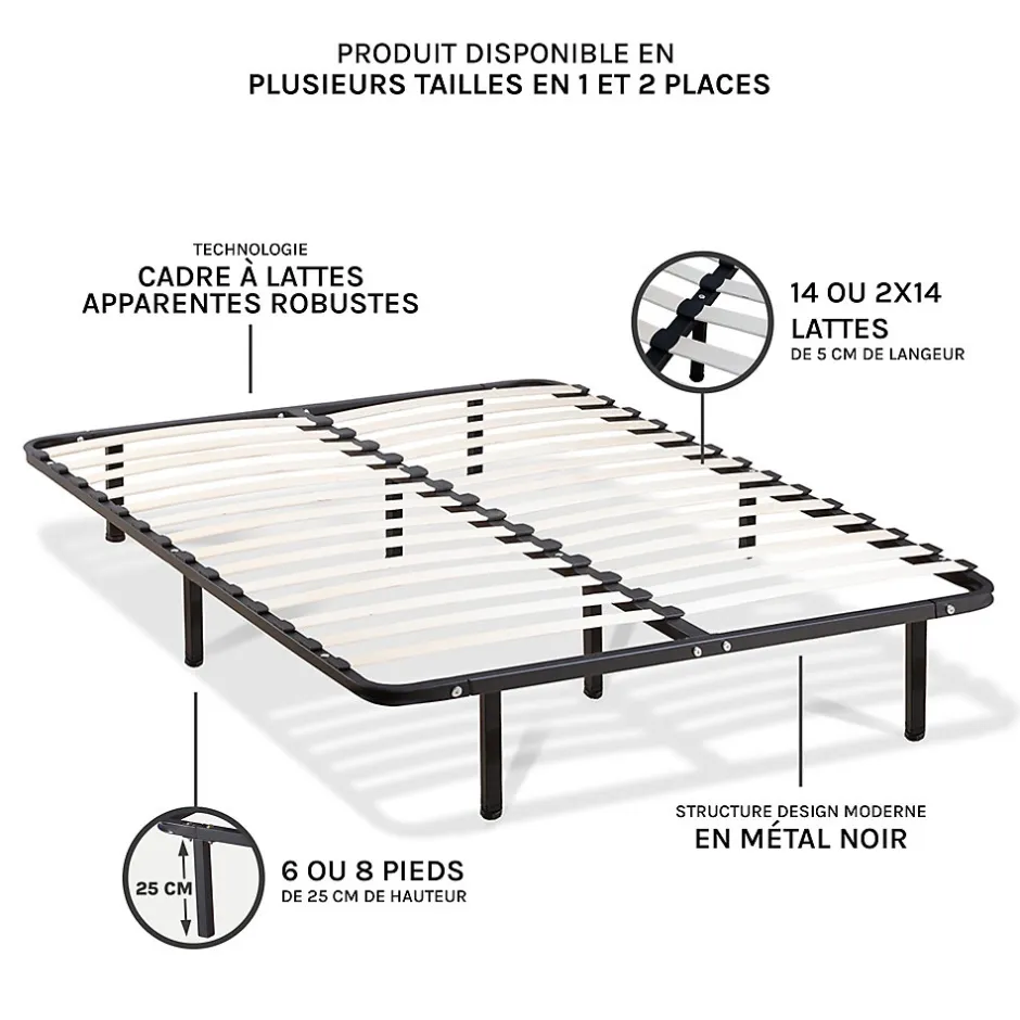 Olympe Literie Sommier à lattes en métal Somkit 160x200 cm Coloris Noir Livré en kit