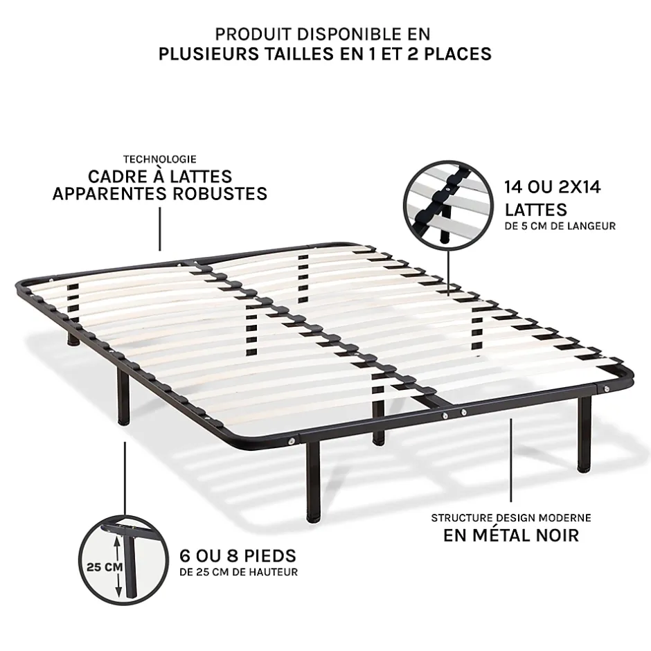 Olympe Literie Sommier à lattes en métal Somkit 180x200 cm Coloris Noir Livré en kit