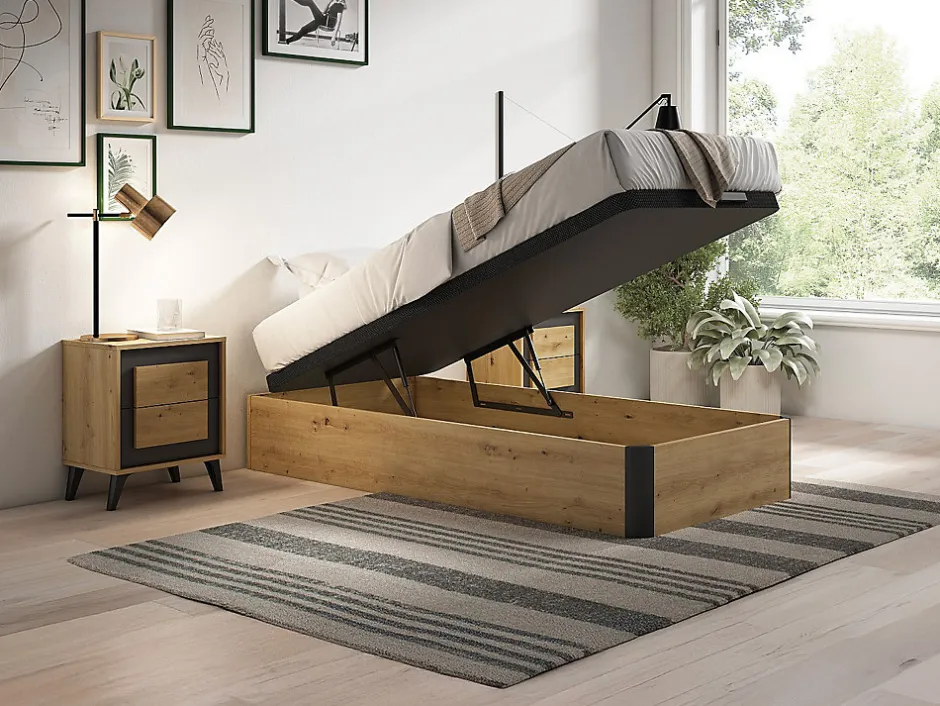 Vente-unique Sommier coffre 90 x 190 cm - Naturel clair et noir - NAMOSI de YSMÉE