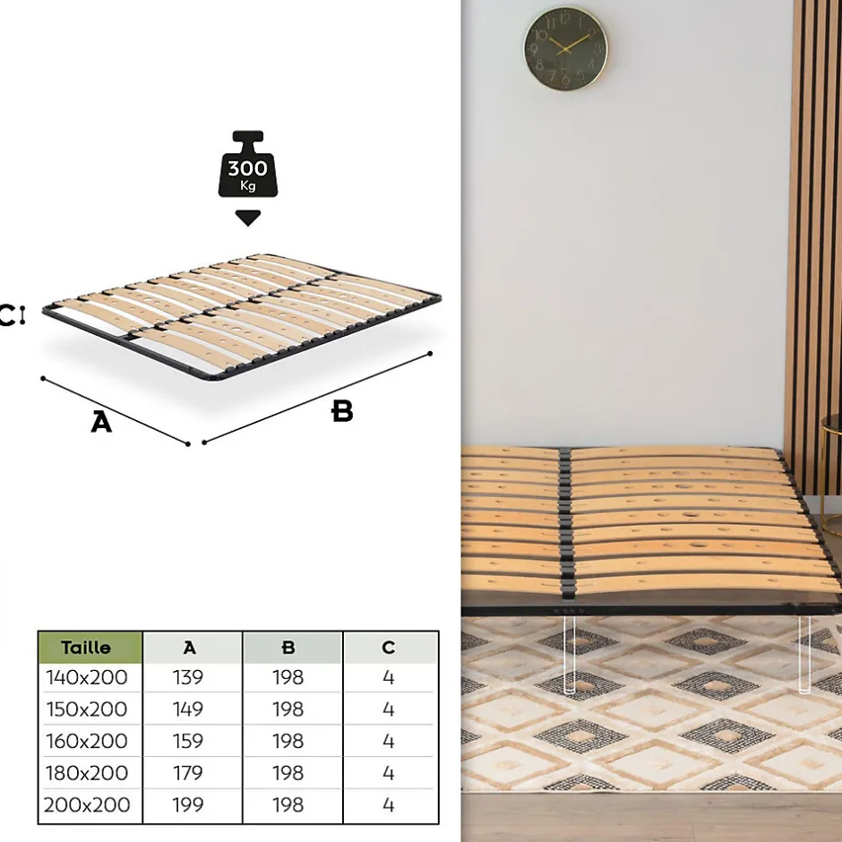 Monmobilierdesign Sommier Ergonomique à Lattes Larges Et Flexibles En Bois De Bouleau 180x200 Cm Avec Pieds