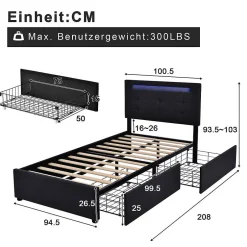 Blackcolors Sommier LED 2 Tiroirs 90x200cm Bois Tête Réglable Noir