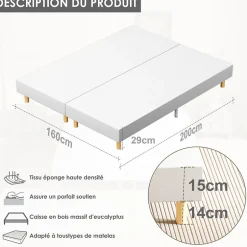 Teeno Sommier tapissé 160x200 cm(2x80x200), 12 pieds pour un maintien stable, hauteur 29 cm, housse amovible incluse
