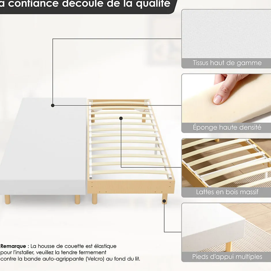 Teeno Sommier tapissé 160x200 cm(2x80x200), 12 pieds pour un maintien stable, hauteur 29 cm, housse amovible incluse