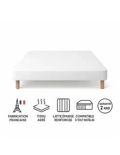 By Sommiflex. SOMMIER TAPISSIER BLANC 140x200 cm FABRICATION FRANÇAISE ARTISANALE PIEDS OFFERTS HAUTEUR avec PIEDS 27 cm Discount