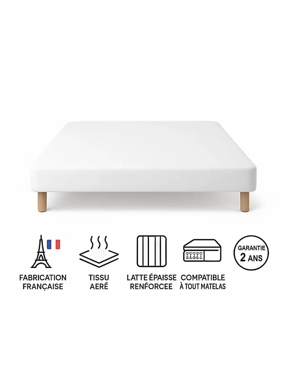 By Sommiflex. SOMMIER TAPISSIER BLANC 140x200 cm FABRICATION FRANÇAISE ARTISANALE PIEDS OFFERTS HAUTEUR avec PIEDS 27 cm Discount
