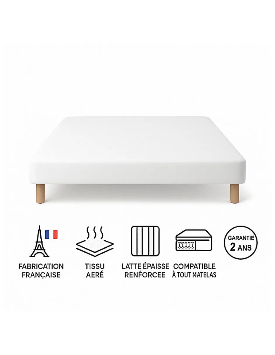 By Sommiflex. SOMMIER TAPISSIER BLANC 130x190 cm FABRICATION FRANÇAISE ARTISANALE PIEDS OFFERTS HAUTEUR avec PIEDS 27 cm