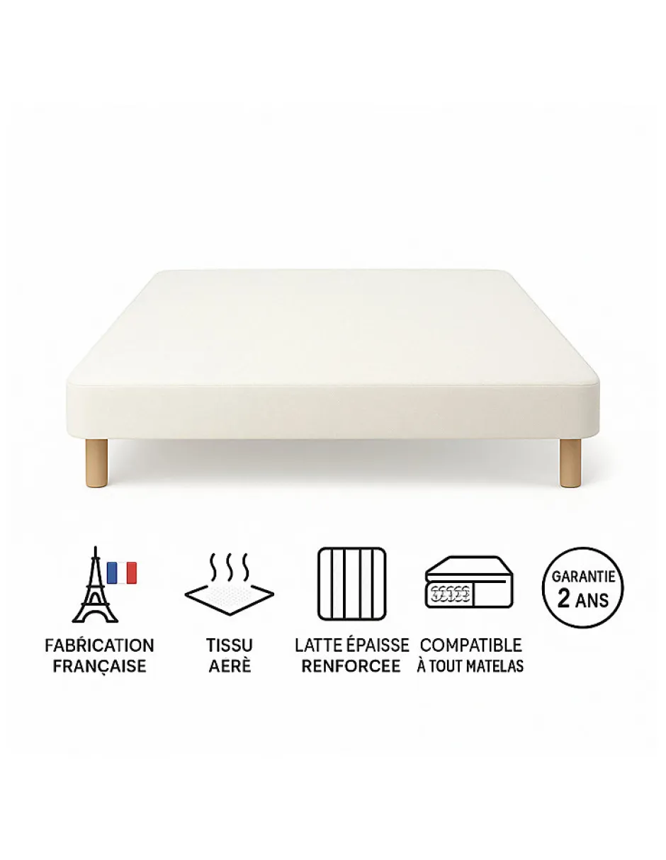 By Sommiflex. SOMMIER TAPISSIER BLANC 130x200 cm FABRICATION FRANÇAISE ARTISANALE PIEDS OFFERTS HAUTEUR avec PIEDS 27 cm