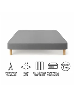 By Sommiflex. SOMMIER TAPISSIER GRIS 130x200 cm FABRICATION FRANÇAISE ARTISANALE PIEDS OFFERTS HAUTEUR avec PIEDS 27 cm Clearance