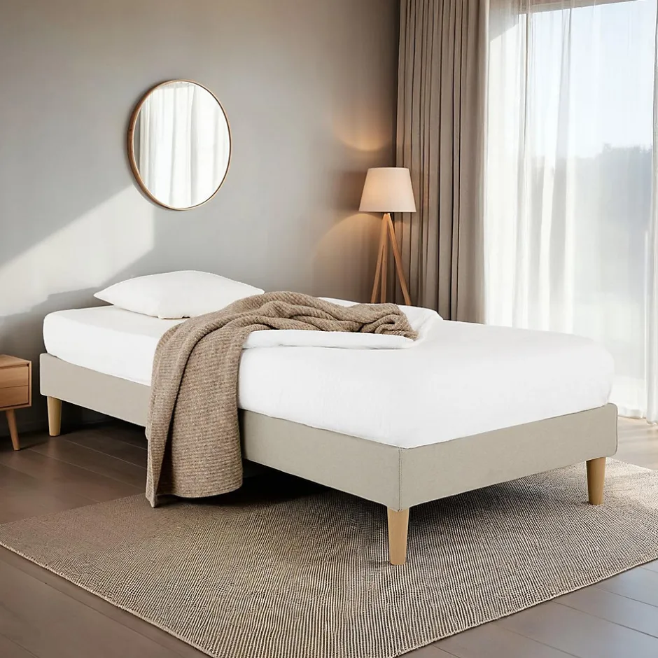 Idimex Sommier tapissier PAIMPOL 90 x 190 cm revêtement tissu - Beige Discount