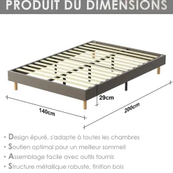 Teeno Sommier tapissier 140x200cm, 14 lattes, 9 pieds Hauteur du cadre 29 cm