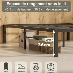 Teeno Sommier 140x190, Cadre de Lit 140x190 cm, Hauteur 36 cm pour Rangement, Plateforme en Métal, Lit 140 x 190 avec Sommier