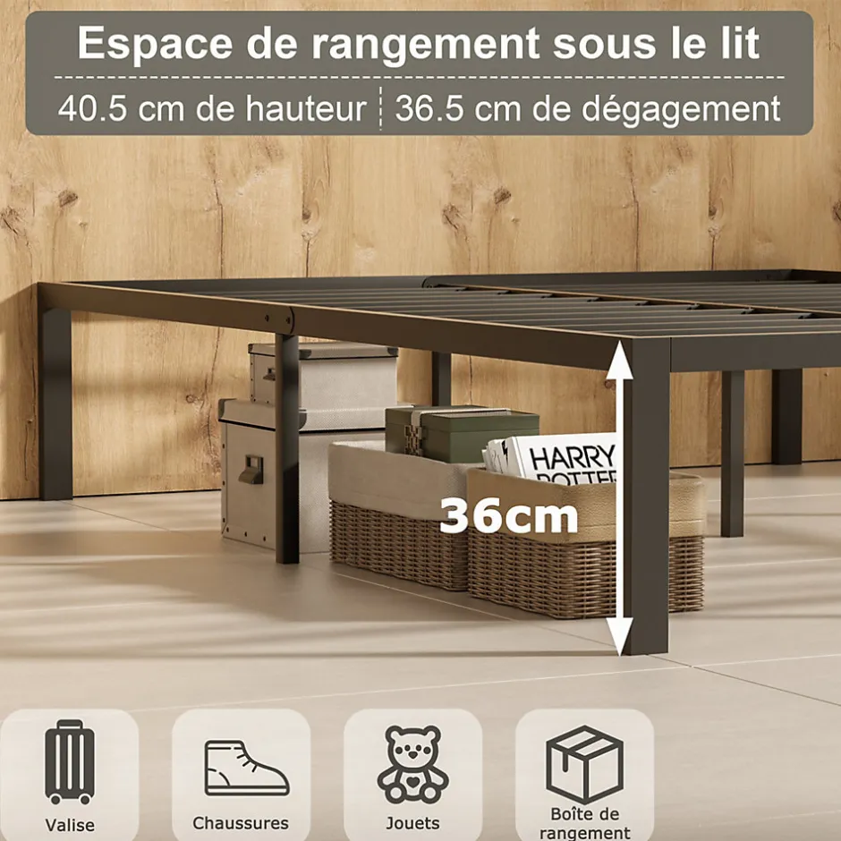Teeno Sommier 140x190, Cadre de Lit 140x190 cm, Hauteur 36 cm pour Rangement, Plateforme en Métal, Lit 140 x 190 avec Sommier