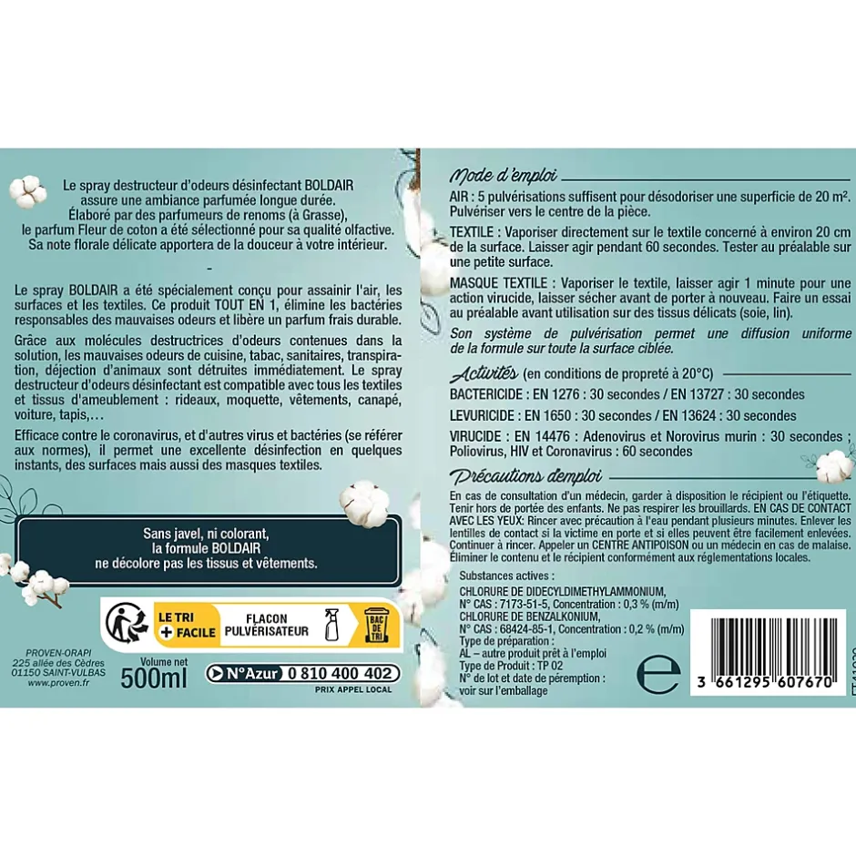 Boldair Spray destructeur d'odeurs désinfectant coton 500ml New