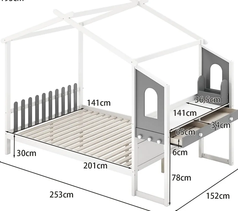 Giantex Structure de Lit 200x140CM avec Bureau Étude sur le Côté et 2 Tiroirs Aucun Sommier Nécessaire 253X102X193CM Blanc