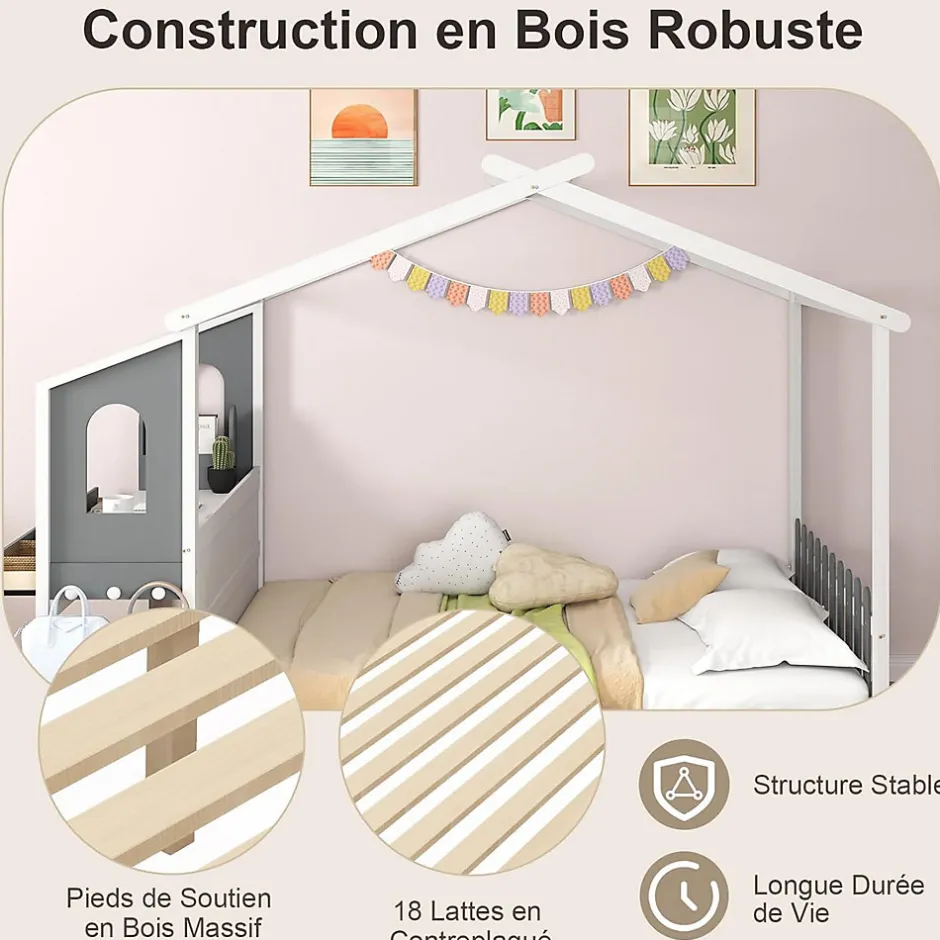 Giantex Structure de Lit 200x140CM avec Bureau Étude sur le Côté et 2 Tiroirs Aucun Sommier Nécessaire 253X102X193CM Blanc
