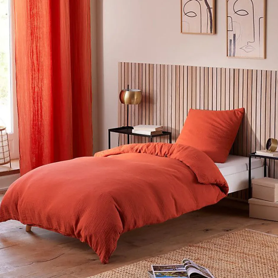 Coton Pur Taie d'oreiller "Noah" 50 x 70 cm "Gaze de Coton" - Noah Terracotta Hot