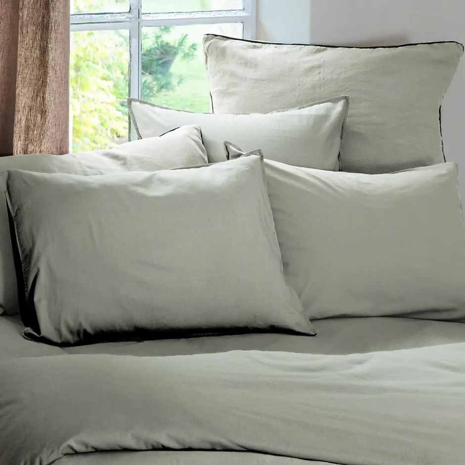 Linnea Taie d'oreiller PALACE pur coton lavé 65x65 cm uni vert laurier