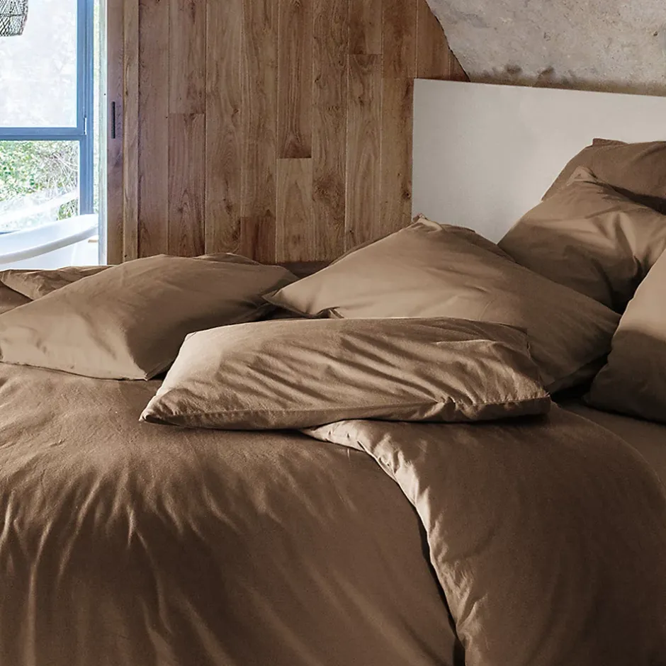 Linnea Taie d'oreiller PALACE pur coton lavé 65x65 cm uni marron cognac New