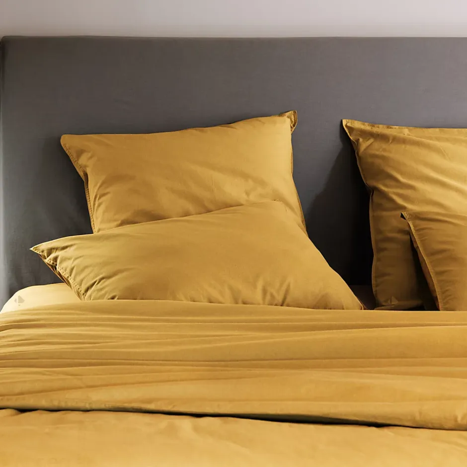 Linnea Taie d'oreiller PALACE pur coton lavé 65x65 cm uni jaune curry Hot