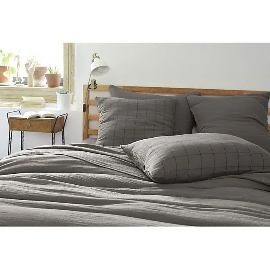 L'Effet Papillon Taie d'oreiller Tissé-teint grands carreaux Déco "Gaïa Match" 60 x 60 cm & 50 x 70 cm "Gaze de Coton" - Gaïa Match Granit - 60 x 6 Discount