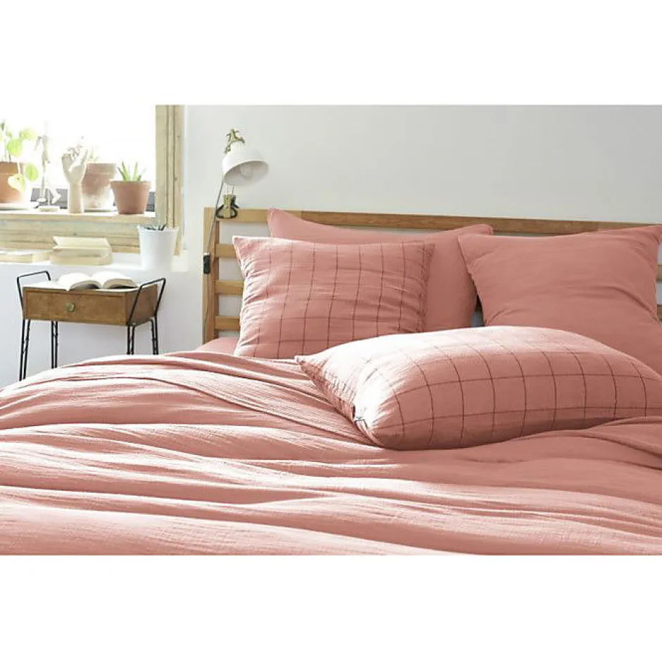 L'Effet Papillon Taie d'oreiller Tissé-teint grands carreaux Déco "Gaïa Match" 60 x 60 cm & 50 x 70 cm "Gaze de Coton" - Gaïa Match Rose Pêche - 60 Sale