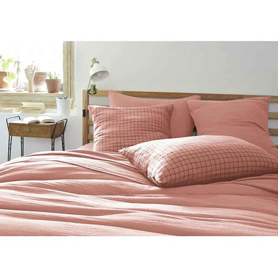 L'Effet Papillon Taie d'oreiller Tissé-teint petits carreaux Déco "Gaïa Mix" 60 x 60 cm & 50 x 70 cm "Gaze de Coton" - Gaïa Mix Rose Pêche - 60 x 6