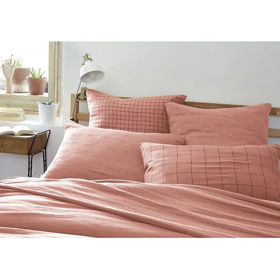 L'Effet Papillon Taie d'oreiller Tissé-teint petits carreaux Déco "Gaïa Mix" 60 x 60 cm & 50 x 70 cm "Gaze de Coton" - Gaïa Mix Rose Pêche - 60 x 6