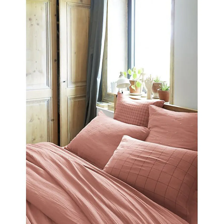 L'Effet Papillon Taie d'oreiller Tissé-teint petits carreaux Déco "Gaïa Mix" 60 x 60 cm & 50 x 70 cm "Gaze de Coton" - Gaïa Mix Rose Pêche - 60 x 6