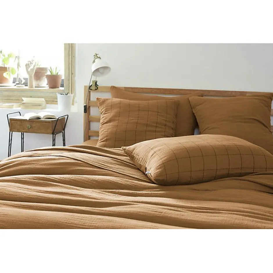 L'Effet Papillon Taie d'oreiller Tissé-teint grands carreaux Déco "Gaïa Match" 60 x 60 cm & 50 x 70 cm "Gaze de Coton" - Gaïa Match Camel - 50 x 70 Best
