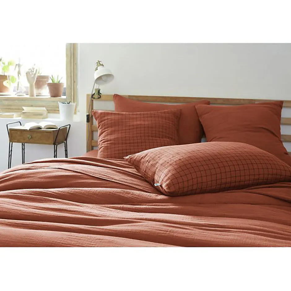 L'Effet Papillon Taie d'oreiller Tissé-teint petits carreaux Déco "Gaïa Mix" 60 x 60 cm & 50 x 70 cm "Gaze de Coton" - Gaïa Mix Terracotta - 60 x 6 Online