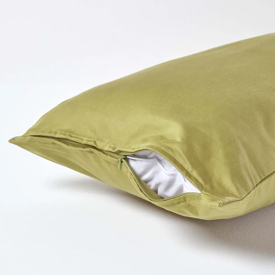 Homescapes Taie d'oreiller vert olive en satin de coton égyptien 1000 fils, 40x80 cm - Online