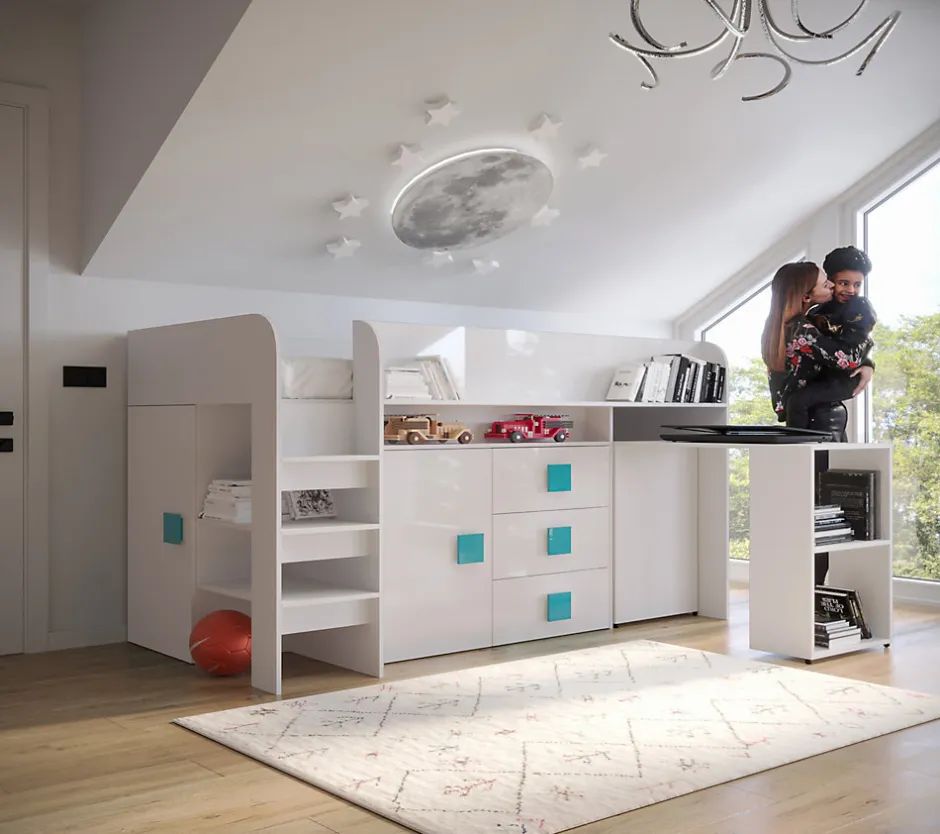 Enfant Abiks Meble TOLEDO 1 Lit superposé 203,3/106,6/125 (blanc/blanc/turquoise)