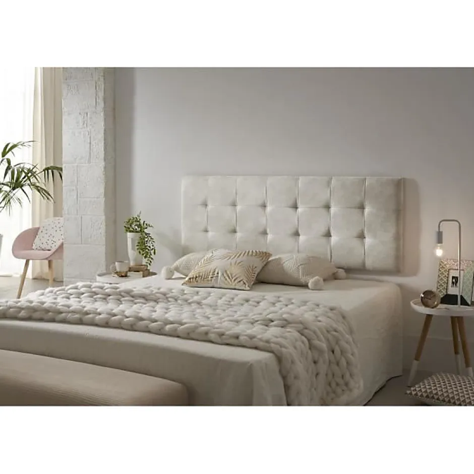 Eccox Tête de lit 135 Capitone Damier Tissu Anti-Tache 152x57x5cm Effet Granit Blanc Casssé.