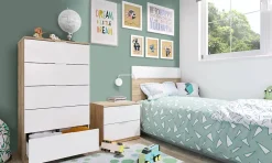 Dmora Tête de lit Aleangy, Table de chevet à deux tiroirs avec tête de lit pour lit simple de 90 cm, 100h50 cm, Chêne et Blanc