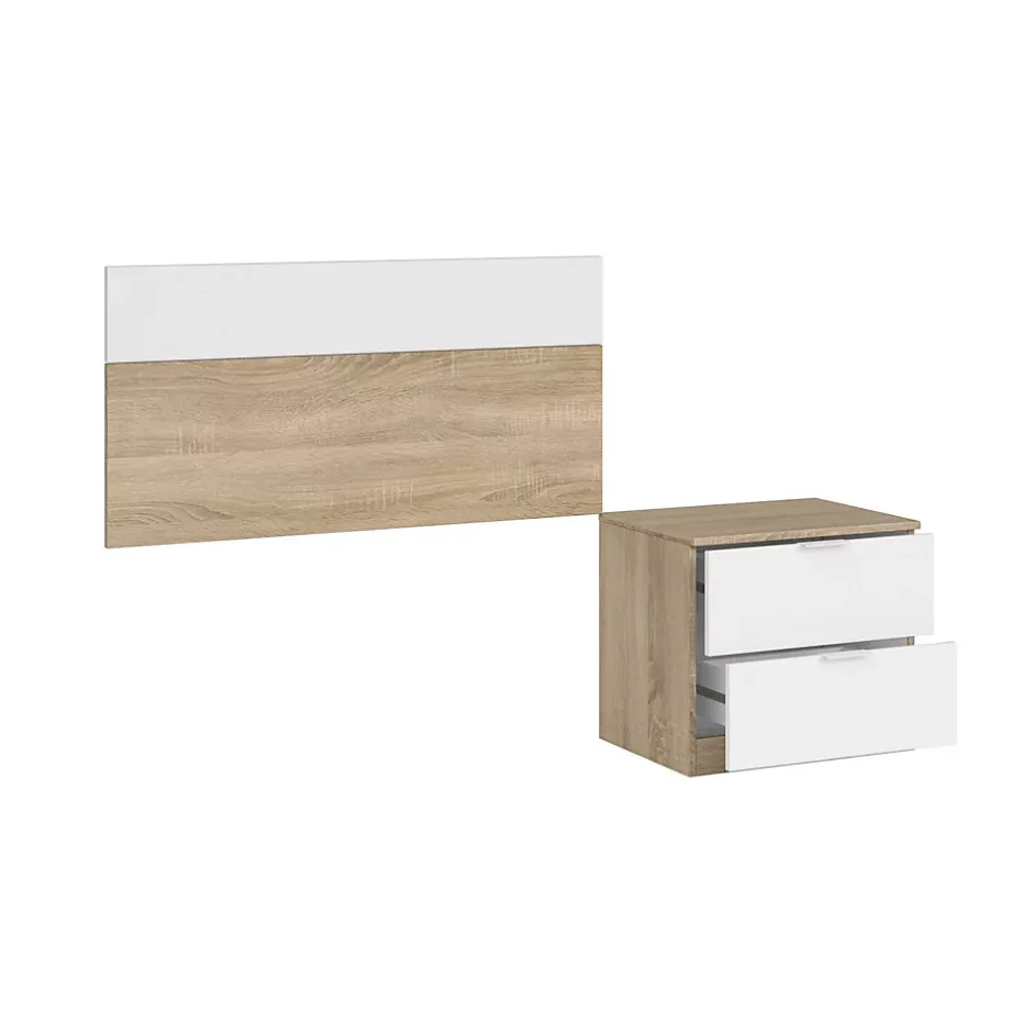 Dmora Tête de lit Aleangy, Table de chevet à deux tiroirs avec tête de lit pour lit simple de 90 cm, 100h50 cm, Chêne et Blanc