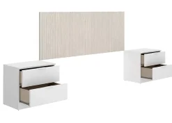 Pegane Tête de lit avec 2 tables de chevet coloris imitation lamelles, blanc - longueur 256 x profondeur 34 x hauteur 106 cm Discount