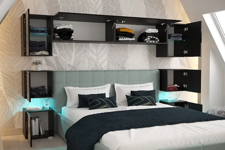 Azura Home Design Tête de lit avec rangement Armoire - pont de lit PANAMA 13/HG/B/2-1C noir/noir brillant 280x182x35cm Outlet