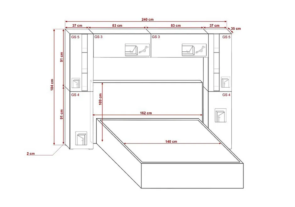 Azura Home Design Tête de lit avec rangement Armoire - pont de lit PANAMA 8/21W/HG2-1B blanc/blanc brillant 240x184x35cm